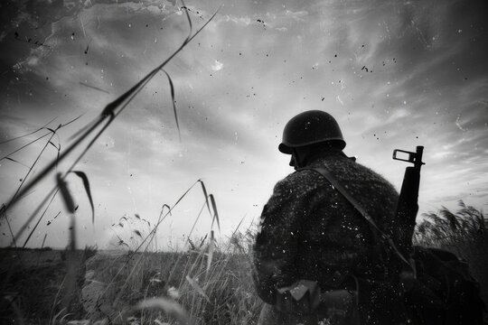 An emotional photo of a soldier from the Second Great War: a tragic wartime experience, a compelling portrait reflecting the depth of suffering and heroism in the struggle for freedom.