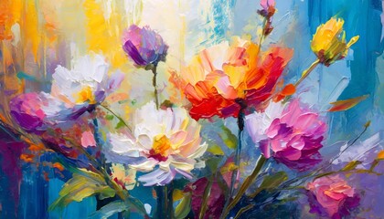 Fototapeta na wymiar Impressionistic painting of vibrant flowers with bold brushstrokes and a lively color palette.