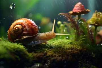 a snail on a mossy surface