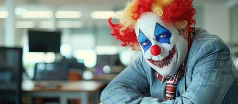 A man in a clown costume sits at a table with crossed arms, wearing an electric blue outfit. He is a fan of performing arts and entertainment, embodying the spirit of comedy and fictional characters