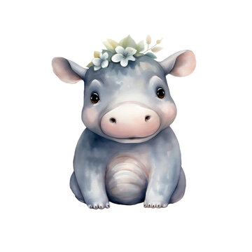 Watercolor hand-painted illustration of a hippo baby. Isolated on a white background