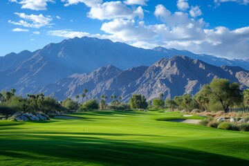 Obraz premium A captivating view of a golf course surrounded by towering mountains, creating a stunning landscape for golfers to enjoy their game, A golf course with a mountain backdrop, AI Generated