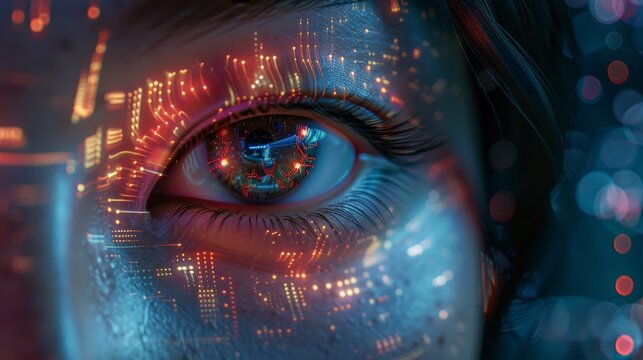 Close up of Asian woman's eye with futuristic circuitry and data