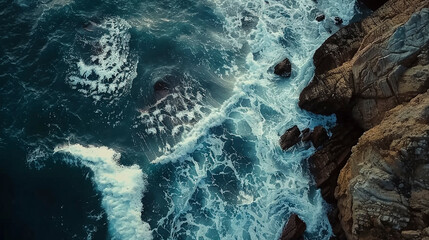 Top-Down Capture, Rocky Coastline with Deep Blue Ocean Waves