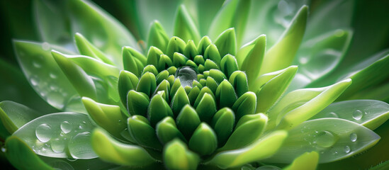 Fototapeta premium close up green flower with white petals, sense symmetry and patterns nature background