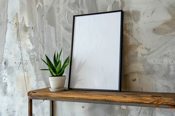 Blank poster frame mockup on wooden shelf near concrete wall. Loft interior design of modern living room, house.