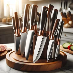 Fotobehang set of kitchen knives on kitchen background © Oleksiy
