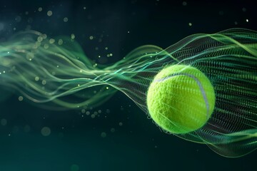 A tennis ball is captured mid-flight as it soars through the air during a tennis match, A graphical representation showcasing the trajectory of a tennis ball in motion, AI Generated - obrazy, fototapety, plakaty