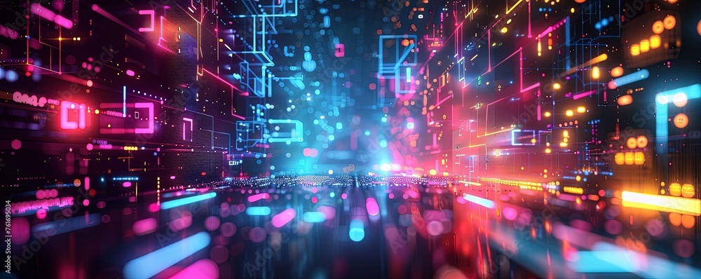 Poster geometric shapes and structures in colorful neon colors and lights in cyberspace against dark backgr