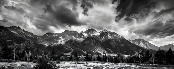 Professional monochrome panorama of  hills with bushes, grass and snowy mountain range in clouds. Graphic black and white poster of wild mountain landscape. Photo shot for interior painting.