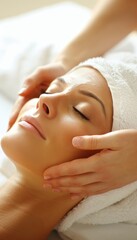 Young woman receiving soothing spa facial massage for rejuvenating beauty treatment concept