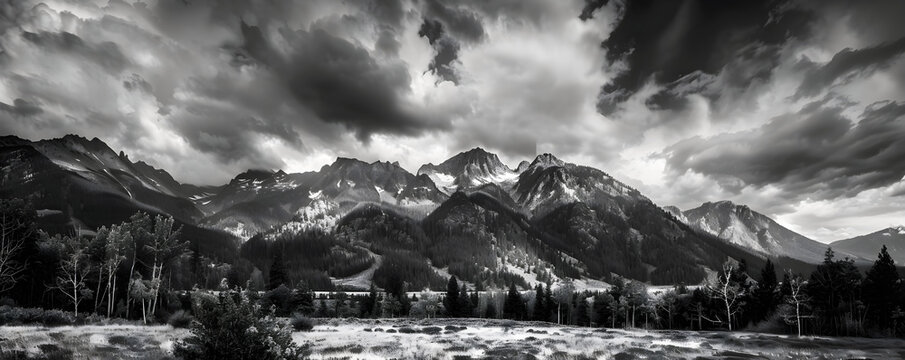 Professional monochrome panorama of  hills with bushes, grass and snowy mountain range in clouds. Graphic black and white poster of wild mountain landscape. Photo shot for interior painting.