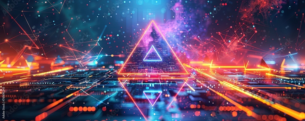 Poster geometric shapes and structures in colorful neon colors and lights in cyberspace against dark backgr
