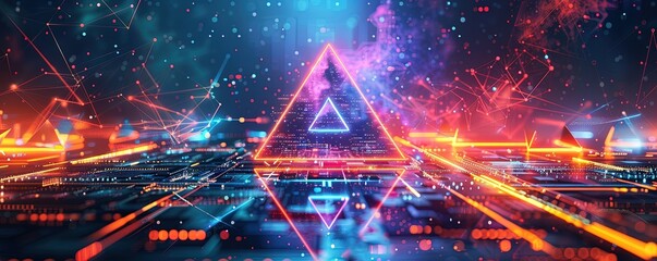 geometric shapes and structures in colorful neon colors and lights in cyberspace against dark background