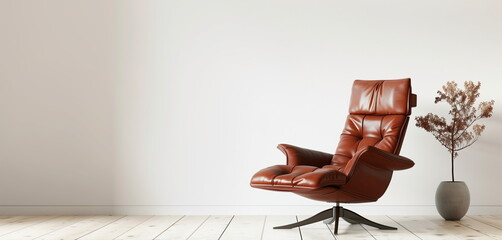 Leather tufted recliner chair against white wall with copy space. Scandinavian home interior design of modern living room. - obrazy, fototapety, plakaty