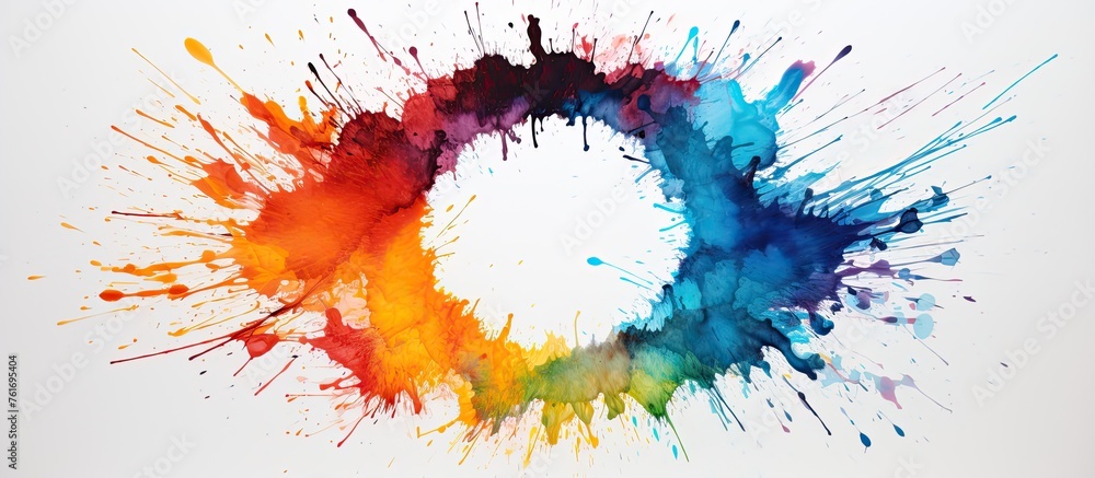 Poster a symmetrical pattern of colorful paint splashes in electric blue, resembling petals in a circle on 