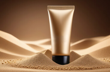 3D cosmetic advertising template in golden sand. Suitable for promoting skin care products.