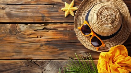 Flatlay with summer straw hat atmosphere of relaxation by the sea. Copy space banner
Concept: tourist summer vacation, catalogs of beach fashion and accessories.