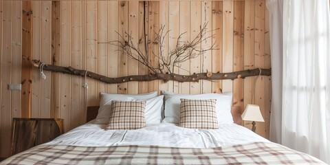 Rustic wooden branch wall decor over bed with white pillos and beige plaid. Farmhouse, country interior design of modern bedroom.