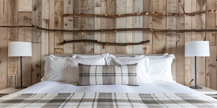 Rustic wooden branch wall decor over bed with white pillos and beige plaid. Farmhouse, country interior design of modern bedroom.