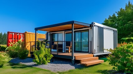 Modern tiny beautiful house made from old shipping container.