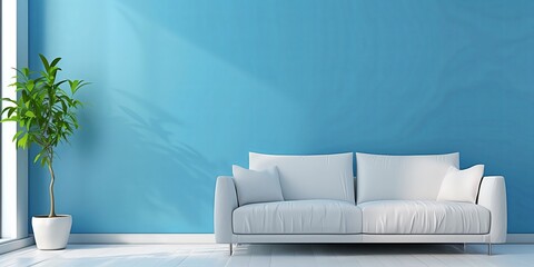 Sofa against blue wall. Scandinavian home interior design of modern living room