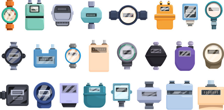 Household meters icons set cartoon vector. Software equipment. Electronic indicator