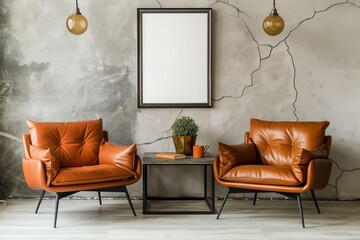 Two orange leather armchairs against stucco wall with poster frame. Mid century home interior design of modern living room