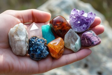 A person holds a collection of rocks in their hand, showcasing the diverse shapes, colors, and textures of the stones, A hand holding various healing crystals, AI Generated