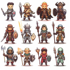 Diverse Set of Fantasy Character Illustrations, Cute Chibi Style Warriors
