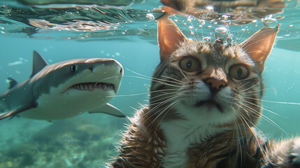 Meme Humorous Cat with Shocked Expression Underwater with Shark
