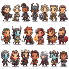 Diverse Set of Fantasy Character Illustrations, Cute Chibi Style Warriors
