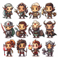 Diverse Set of Fantasy Character Illustrations, Cute Chibi Style Warriors

