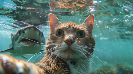 Meme Humorous Cat with Shocked Expression Underwater with Shark
