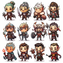 Diverse Set of Fantasy Character Illustrations, Cute Chibi Style Warriors
