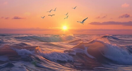 The sun sets over the ocean, casting warm hues across its surface as seagulls gracefully fly above in search of food Generative AI - obrazy, fototapety, plakaty