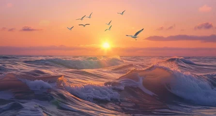 Rolgordijnen The sun sets over the ocean, casting warm hues across its surface as seagulls gracefully fly above in search of food Generative AI © SKIMP Art