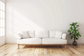 White sofa on wooden parquet. Minimalist, scandinavian home interior design of modern living room