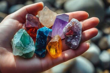 A person is seen holding a cluster of crystals tightly in their hand, showcasing the beauty and variety of the collection, A hand holding various healing crystals, AI Generated