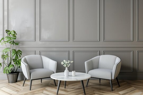 Two grey lounge chairs and round coffee table against grey paneling wall. Minimalist home interior design of modern living room.