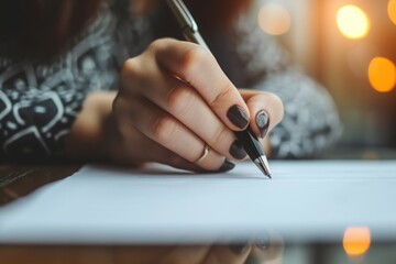 A woman sitting at a desk, using a pen to write on a piece of paper, A hand signing a business loan agreement, AI Generated
