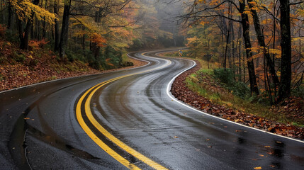 Fototapeta premium Autumn Drive, Curvy Wet Road through Colorful Fall Forest