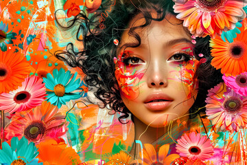 A digital art collage portrait of young woman with vibrant floral patterns.Natural beauty and abstract artistry.