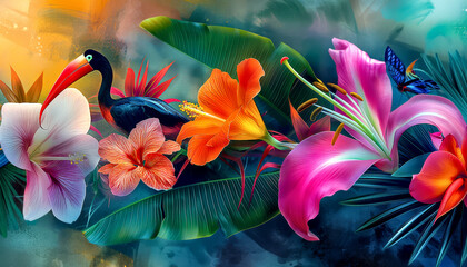 Tropical Bird and Flower Composition