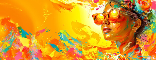 Vibrant Summer Digital Art Portrait Woman in orange sunglasses with painted spashes. banner