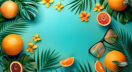 Foto op Plexiglas Tropical Beach Scenery with Orange and Plumeria Flowers, Idyllic Island Illustration  © augenperspektive