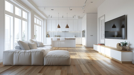 italian style interior of a living room and kitchen in white with a wooden floor, a large sofa near a window