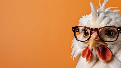 Fotobehang a smart rooster, a chicken with glasses on an orange background © Эля Эля