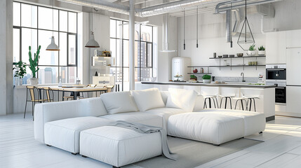 living room interior with an open kitchen and white sofa, with bright light wooden floors and...