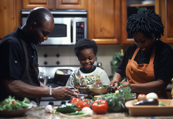 A heartwarming stock photo: Black family with child laughing while making healthy food together in a bright kitchen